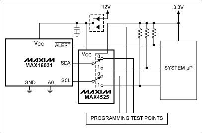 Figure 1. The MAX16031 shares it's I&sup2;C bus through the MAX4525 multiplexer/switch.