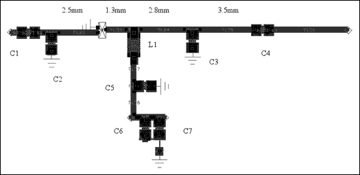 圖2. 輸入和輸出匹配電路的設(shè)計(jì)圖(0.4mm線路電阻為50Ω