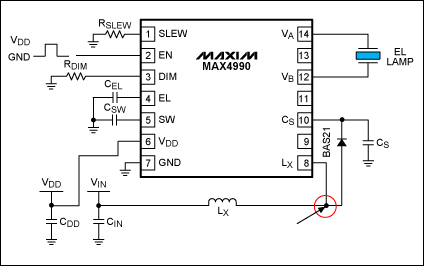 圖5. 紅色圓圈顯示，應(yīng)在此放置示波器探針來探測電感是否飽和