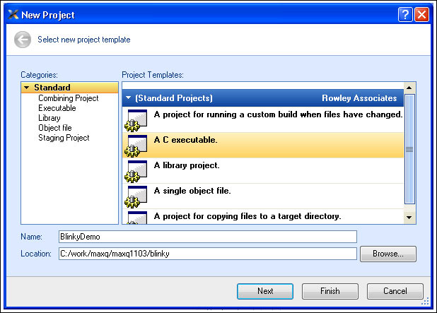 圖2. 選擇“A C executable”，填寫(xiě)工程名稱和位置