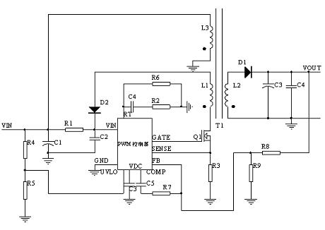 PWM controller + MOSFET實(shí)現(xiàn)FLYBACK 示意圖