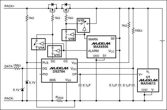 圖1. 在DS2784應(yīng)用電路中加入MAX6506和MAX4613實現(xiàn)可編程的熱保護(開關(guān)U1A-U1D表示MAX4613內(nèi)的4個開關(guān))。