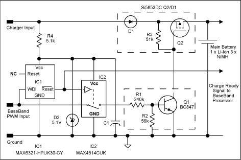圖2、在圖1電路中添加IC1、IC2，在處理器停止工作時(shí)提供電池保護(hù)。