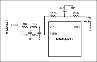 圖9. 使用MAXQ3212上的比較器測量模擬信號強(qiáng)度。