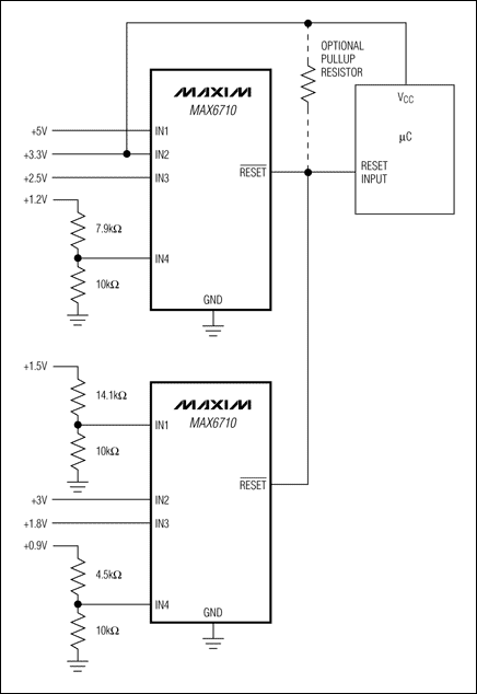 圖1. 利用兩片漏極開(kāi)路輸出的多電壓監(jiān)控器監(jiān)控8路電壓，提供單個(gè)復(fù)位輸出。