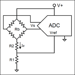 圖5. 傳感器和ADC組合的另一種設計方法，無需獨立的電流源或電壓基準。