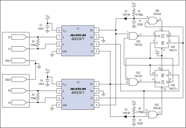 圖1. 待機(jī)電流只有3μA的RS-422中繼器。