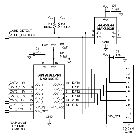 圖1. 存儲卡中的邏輯電平轉換電路，J2用于連接SD卡