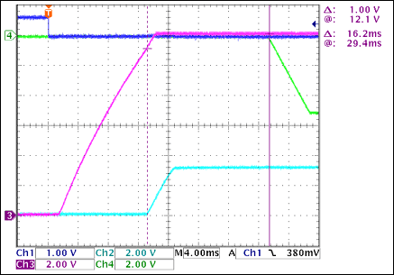 圖3. +3.3V至-5V接通延時，沒有負載Ch1 = Q8BASE, Ch2 = +3.3VOUT, Ch3 = +12VOUT, Ch4 = -5VOUT注釋：+3.3VOUT和-5VOUT之間有16.2ms延時。