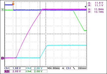 圖2. +12V至+3.3V接通延時，沒有負載Ch1 = Q8BASE(CARD_PRESENT), Ch2 = +3.3VOUT, Ch3 = +12VOUT, Ch4 = -5VOUT注釋：+12VOUT和+3.3VOUT之間有11.8ms延時。