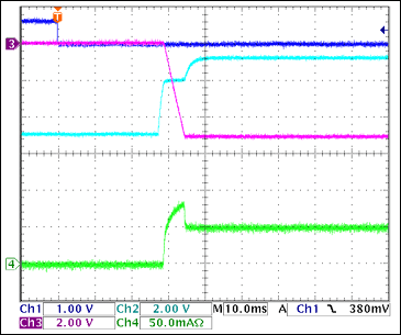 圖10. -5V接通波形，100Ω阻性負載 = 50mA Ch1 = Q8BASE, Ch2 = -5VGATE, Ch3 = -5VOUT, Ch4 = IIN(-5V) 注釋：-5V擺率大約為1V/ms。