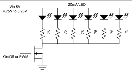 圖1. 大多數(shù)應(yīng)用只是簡單地利用固定偏置電壓(本范例中采用5V)和鎮(zhèn)流電阻(本范例中采用75Ω)，獲得近似匹配的白光LED亮度。