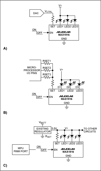圖5. MAX1916驅動白光LED時的三種電流調節(jié)方法。