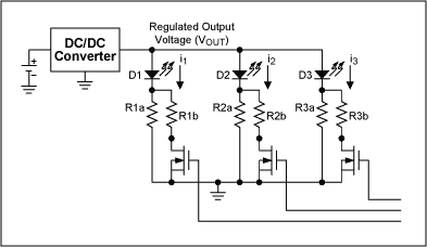 圖10. 用MOSFET控制與R1a至R3a并聯(lián)的電阻R1b至R3b，進行亮度調節(jié)