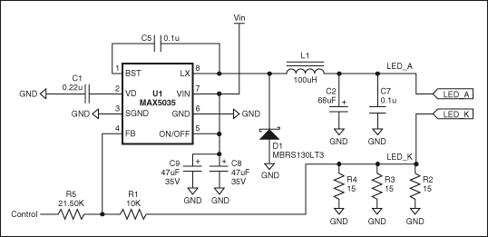 圖1. 通過調(diào)節(jié)控制電壓(0V至3.9V)，MAX5035 LED電流驅(qū)動器能夠在LED_A和LED_K端產(chǎn)生近似350mA至0mA的輸出電流。