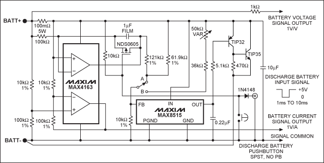 圖2. 單節(jié)Li+電池充電情況的仿真電路，該電路可以在不使用實(shí)際電池的情況下測試Li+電池充電器。