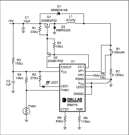 圖7. USB端口對單節(jié)NiMH電池快速充電的原理圖。