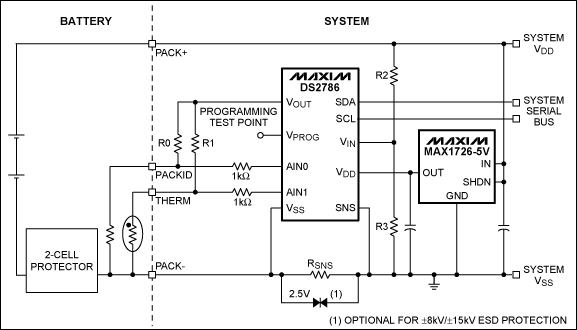 圖1. DS2786在2節(jié)Li+/鋰聚合物電池供電系統(tǒng)主機(jī)側(cè)的應(yīng)用