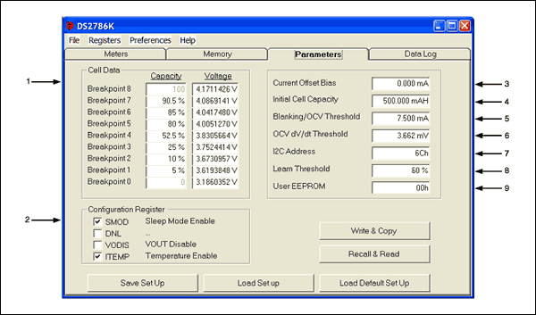 圖1. DS2786K的PARAMETERS標(biāo)簽示意圖。箭頭所指示的各個(gè)參數(shù)將在本應(yīng)用筆記中進(jìn)行說明。