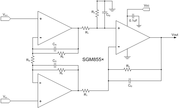 圖4：基于SGM855×系列的分立儀表放大器設(shè)計方案。 