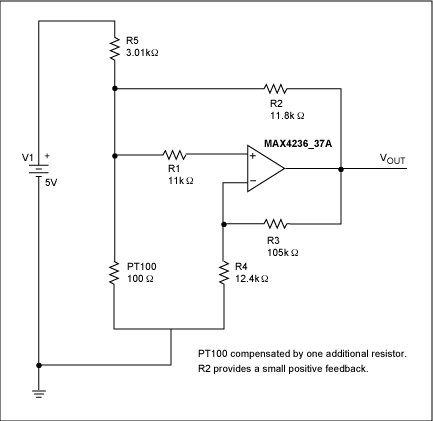 圖4. 該模擬電路對RTD進行線性化補償。