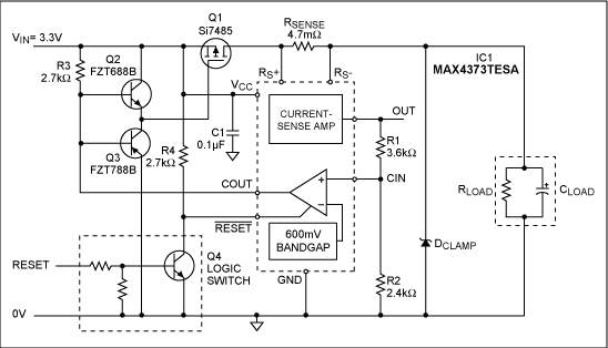 圖1. 由集成的檢流放大器、鎖存比較器以及基準構(gòu)成的快速響應(yīng)、低壓過流保護電路