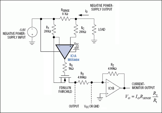 圖1. 這個電流檢測電路監(jiān)視負電源，并提供一個正比于負載電流的正輸出電壓