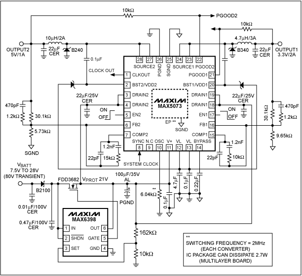 圖 6. MAX5073 2MHz buck轉(zhuǎn)換器配合MAX6398保護(hù)開關(guān)的典型電路，該設(shè)計(jì)具有高性能以及較高的抗干擾能力。