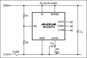 圖3. 單通道負(fù)電源熱插拔電路不具備斷路器功能，可調(diào)節(jié)開啟電壓。