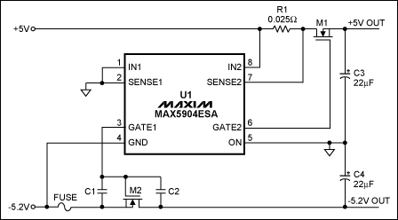 圖2. 單芯片方案，為正、負(fù)電源提供浪涌電流限制，但-5.2V通道不具備斷路器功能。