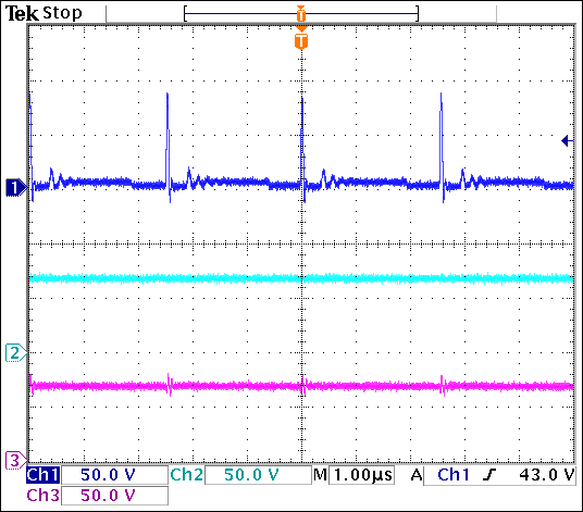 圖3. VIN = 3.3V、APD電流為4mA時的LX節(jié)點(diǎn)電壓(通道1)、VOUT (通道2)和APD輸出(通道3)。