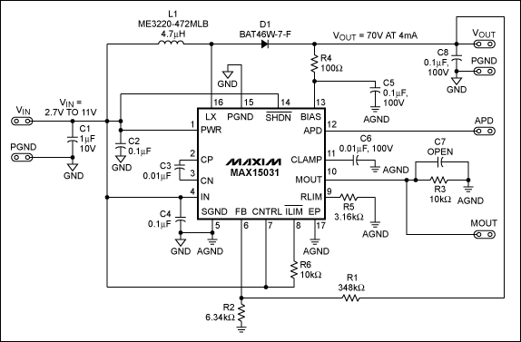圖1. MAX15031升壓轉(zhuǎn)換器原理圖，F(xiàn)SW = 400kHz (固定)。