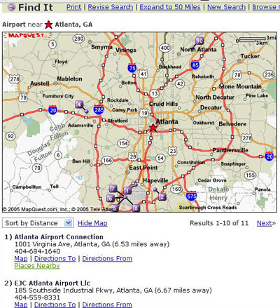 在我們單擊“Search for Locations”（搜索地點）時，MapQuest會生成一幅亞特蘭大地圖，并列出搜索到的“機場”