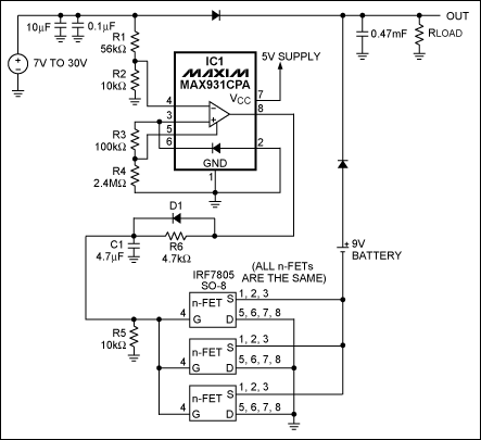 圖1. IC1 MAX931比較器用于監(jiān)測主電源電壓。當(dāng)主電源電壓下降到7.4V以下時，它可以通過將電池負端接地接通備用電池。