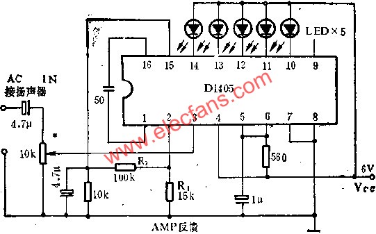 D1405電平指示驅(qū)動(dòng)電路作竟音量表的應(yīng)用電路圖 www.makelele.cn