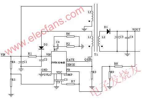 PWM controller + MOSFET實(shí)現(xiàn)FLYBACK 示意圖 www.makelele.cn