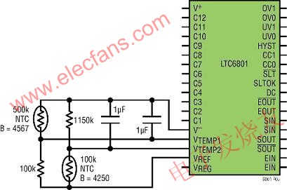 粗略溫度檢測有可能通過到內(nèi)部電壓比較器的兩個溫度輸入引腳完成 www.makelele.cn