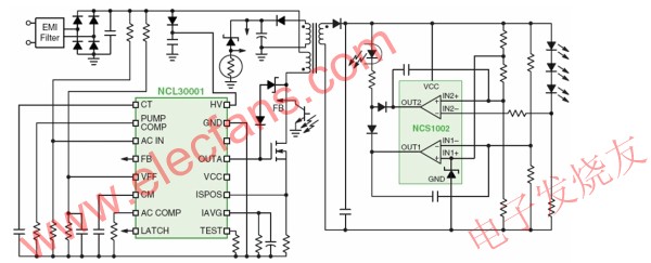 基于NCL30001的LED驅動電源方案適合40到125 W區(qū)域照明應用 www.makelele.cn