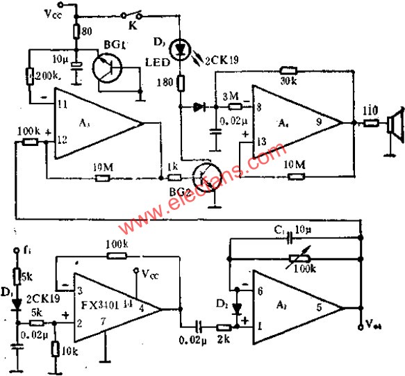汽車超速指示器電路圖  www.makelele.cn