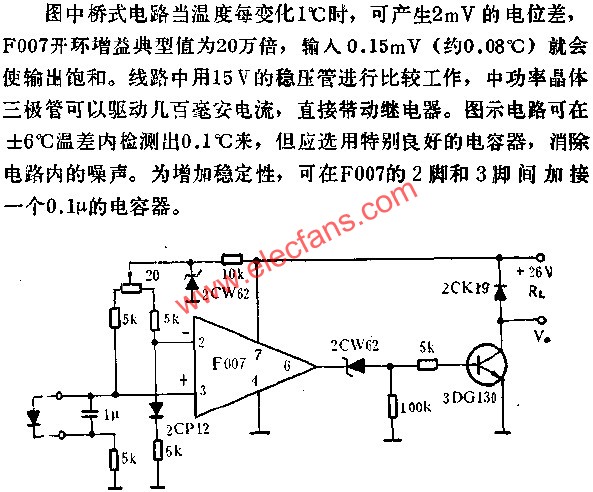 F007運(yùn)放組成的溫度檢測器電路圖  www.makelele.cn