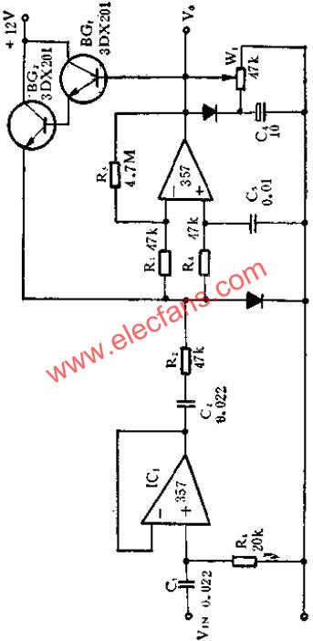 SF357運(yùn)放組成的AGC放大器電路圖  www.makelele.cn