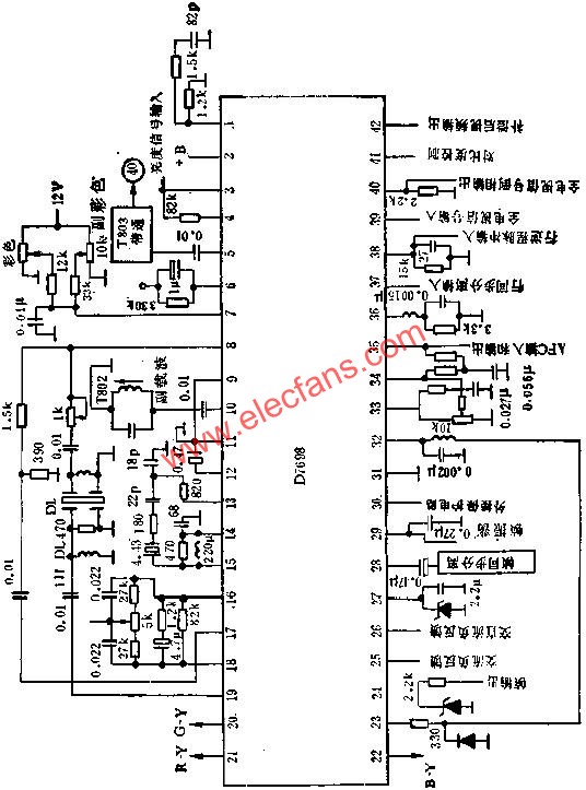 D7698掃描和彩色解碼電路的應(yīng)用電路圖  www.makelele.cn