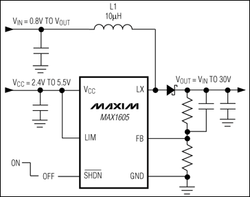 MAX1605內置30V開關的LCD偏置電源的應用電路 www.makelele.cn