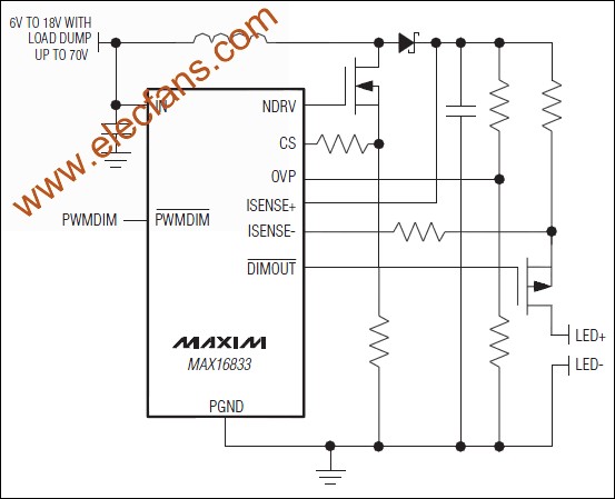 MAX16833/MAX16833B峰值電流控制模式LED驅(qū)動(dòng)器 www.makelele.cn 