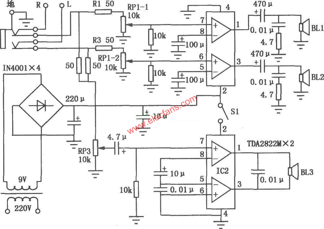 小型床頭聽音系統(tǒng)的電路圖 www.makelele.cn