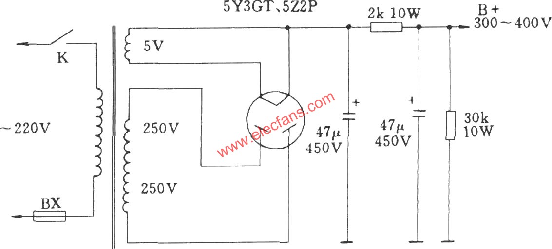 直熱式整流電子管全波整流及濾波電路  www.makelele.cn