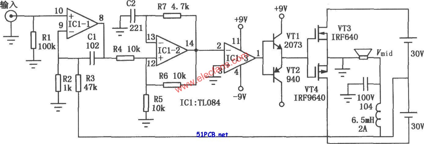實(shí)用數(shù)字功放(TL084)電路圖  www.makelele.cn