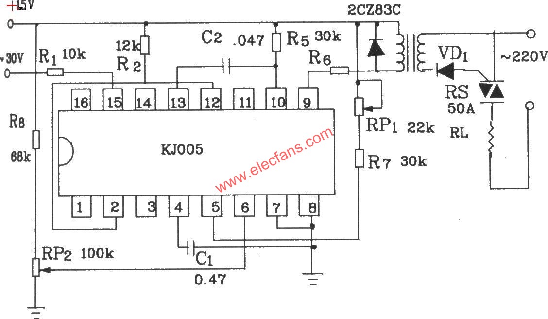 KJ005可控硅移相觸發(fā)器外電路接線(xiàn)圖  www.makelele.cn