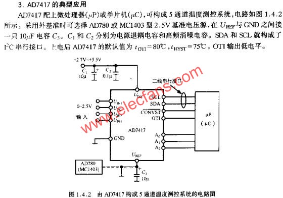 由AD7417構(gòu)成5通道溫度測控系統(tǒng)的電路圖