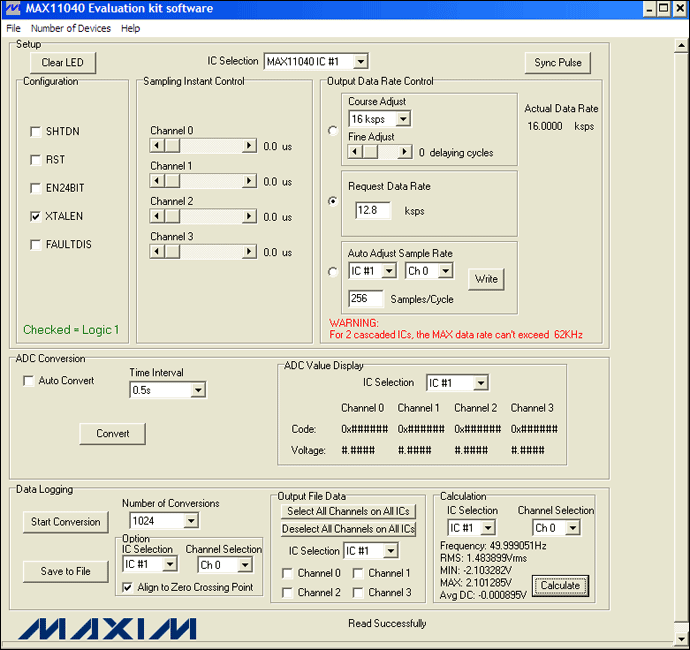 圖4. MAX11040EVKIT GUI允許用戶方便地設(shè)置各種測量條件：12.8ksps、256采樣點/周期和1024次轉(zhuǎn)換。此外，GUI的計算部分提供了一個進行快速工程運算的便捷工具。